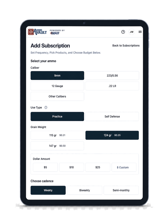 Add Subscription screen: choose caliber, use type, grain weight, budget, and cadence